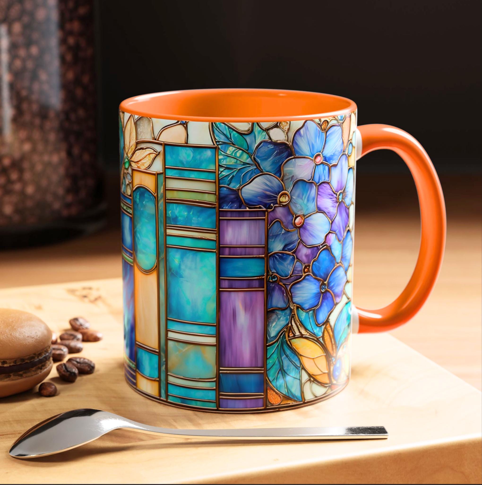 Floral Bookshelf Coffee Mug_ Faux Stained Glass Ceramic Bookish Cup Ceramic Drinkware Book Lovers