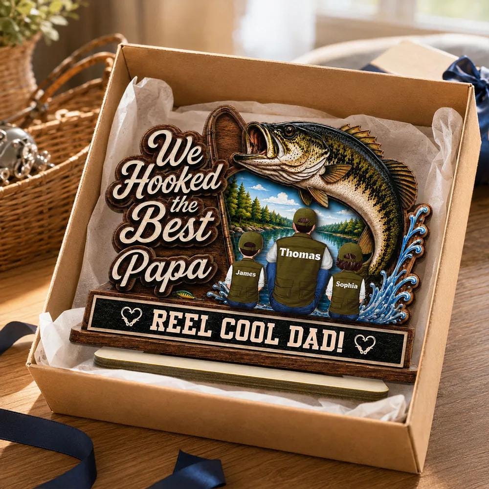 Personalized Fishing Dad Wood Sign, Custom Family Portrait, Reel Dad Plaque