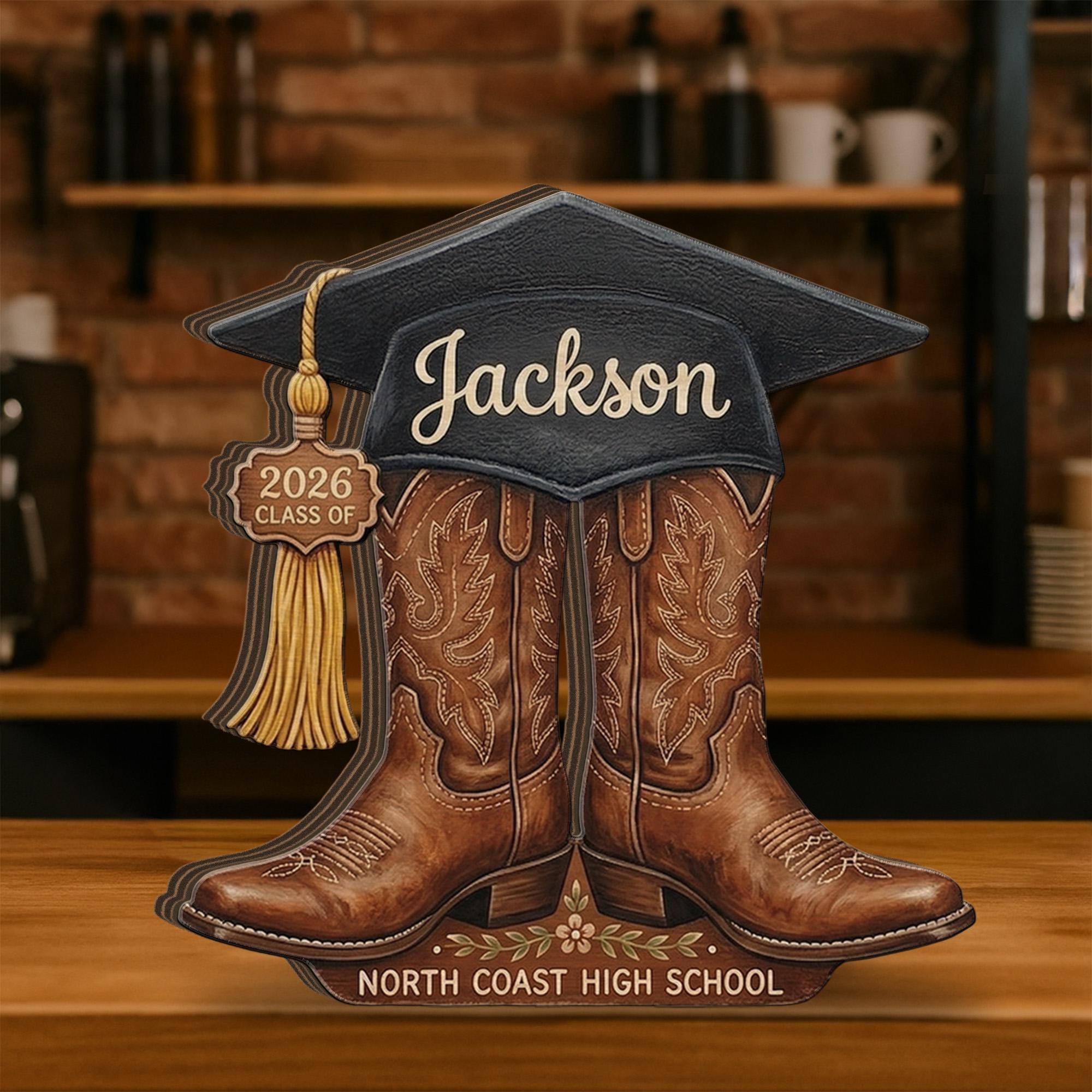 Personalized Wooden Block, Graduation Cap Cowboy Boots Decor, Custom Name Class Year Display, Senior Keepsake