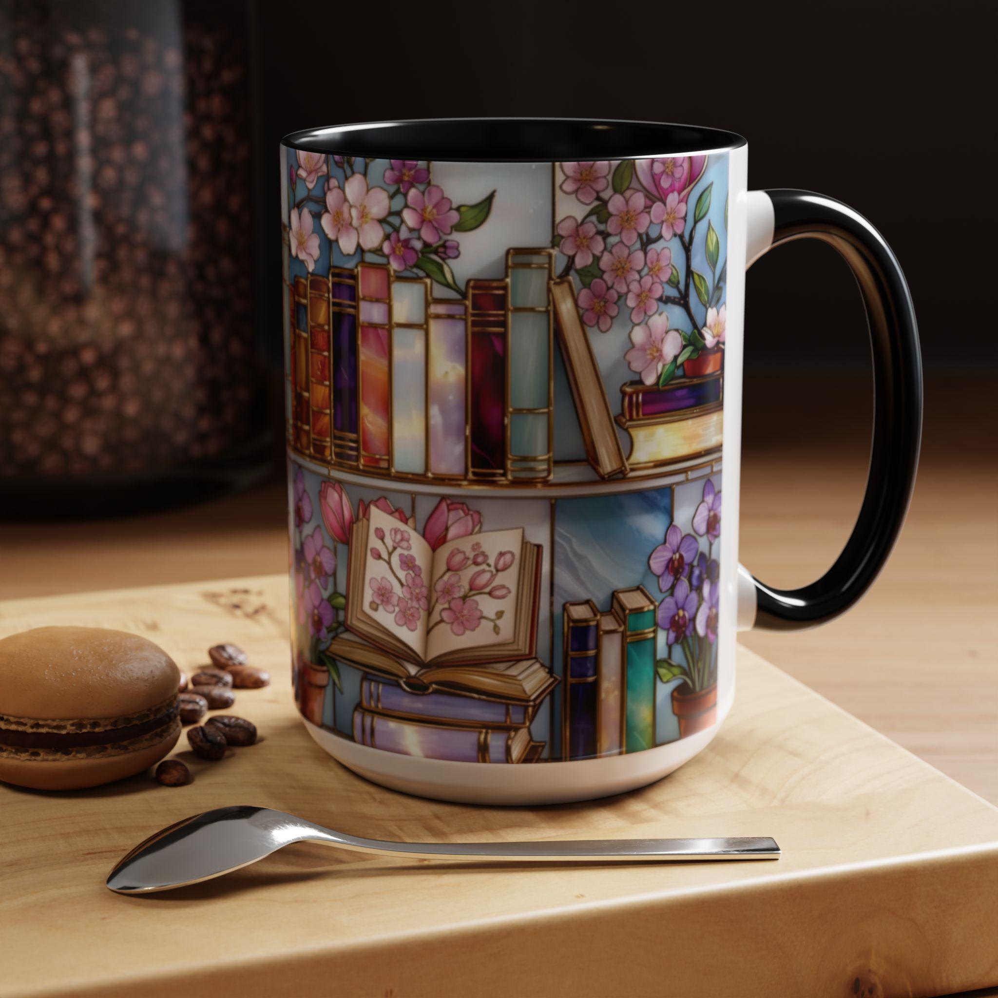 Book Lover Mug, Floral Bookshelf Coffee Mug, Gift for Readers, Stained Glass Style Mug, Bookish Aesthetic Mug, Library Coffee Cup