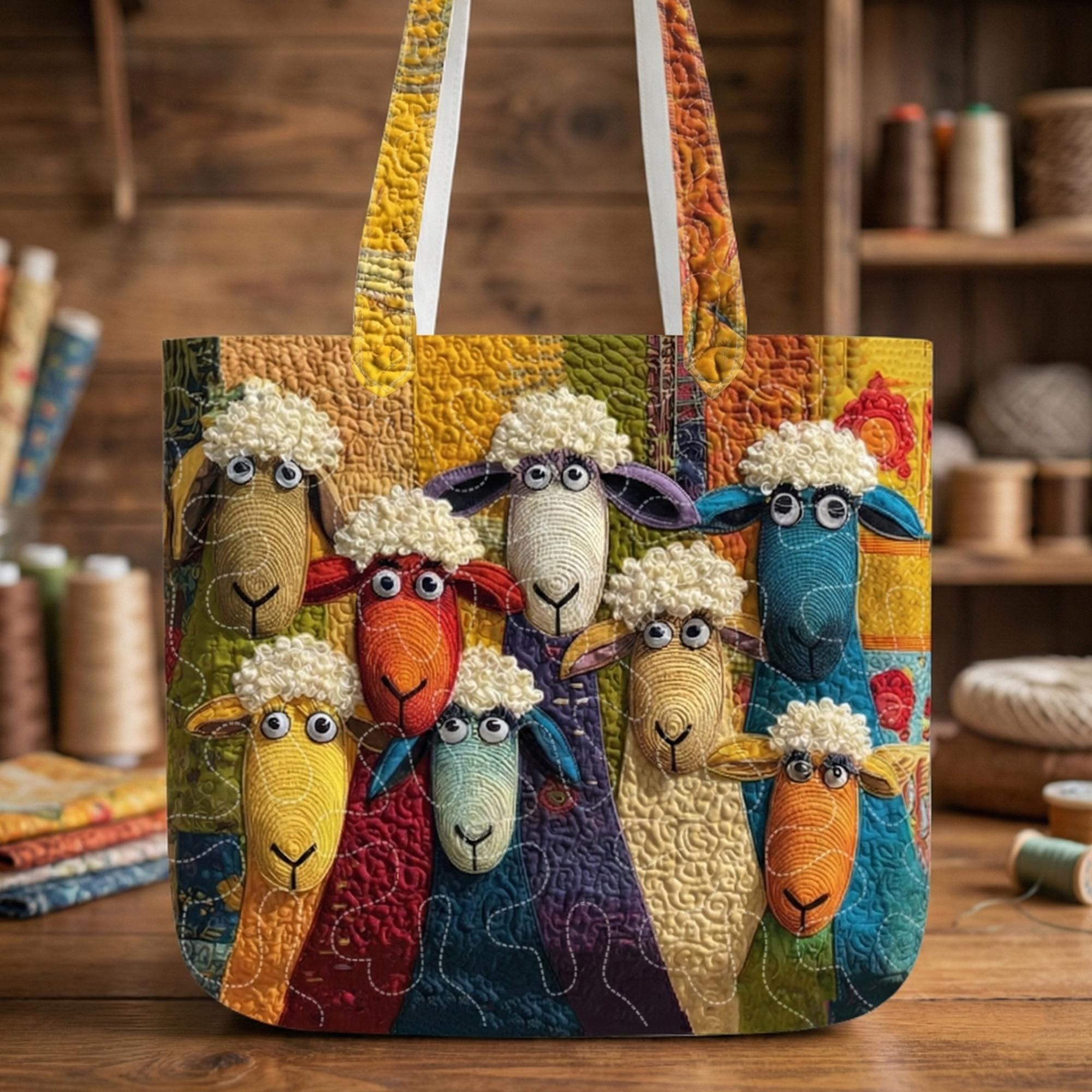 Personalized Colorful Sheep Quilted Tote Bag – Farm Sheep Fabric Tote, Animal Lover Gift