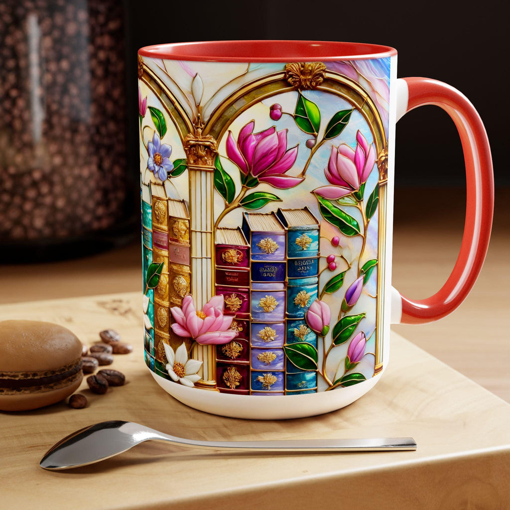 Floral Bookshelf Coffee Mug, Bookish Faux Stained-glass Mug, Book Lover Gift, Reading Mug for Women, Library Aesthetic Cup 15oz
