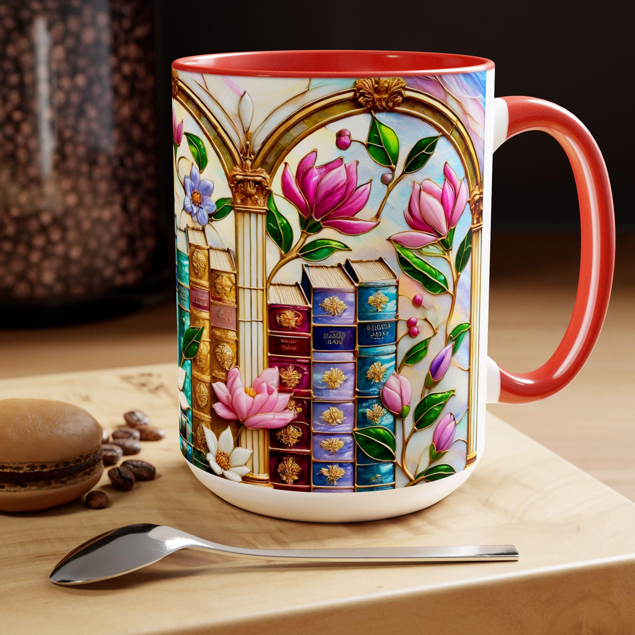 Floral Bookshelf Coffee Mug, Bookish Faux Stained-glass Mug, Book Lover Gift, Reading Mug for Women, Library Aesthetic Cup 15oz