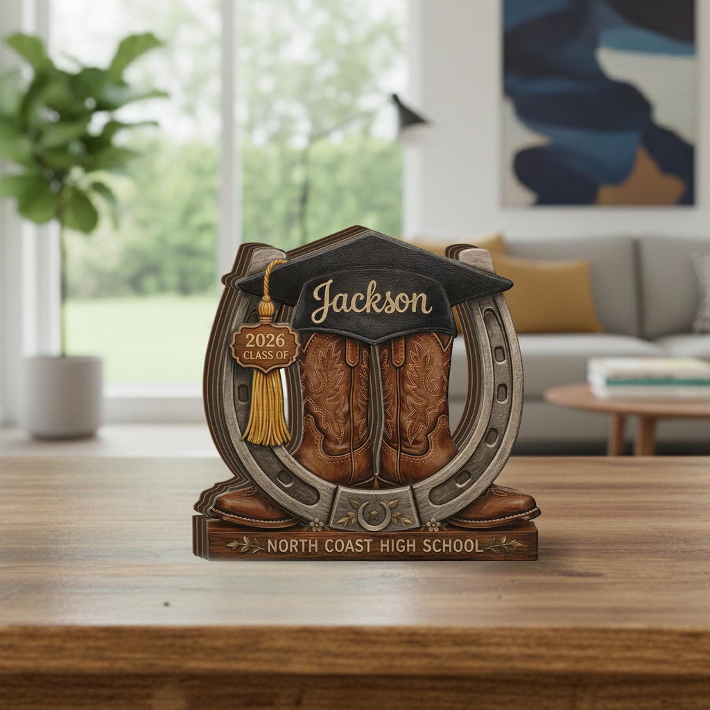 Personalized Graduation Wooden Block, Customized Cowboy Boots Keepsake, Class of 2026 Gift, Custom Name Graduate Decor