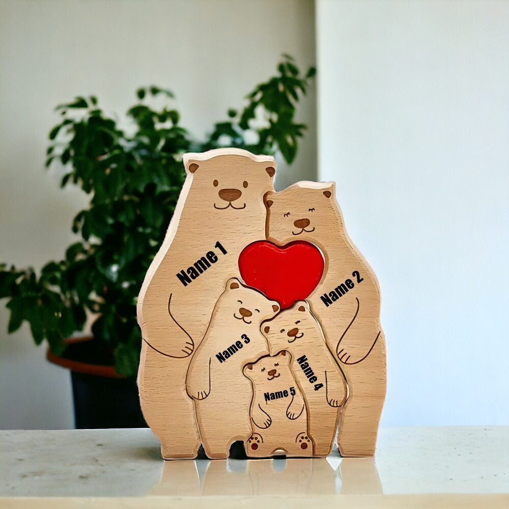 Personalised Wooden Bear Family Puzzle _ Custom Engraved Figurines _ Woodland Family Keepsake Gift for Mum, Dad & Kids, Rustic Home Decor