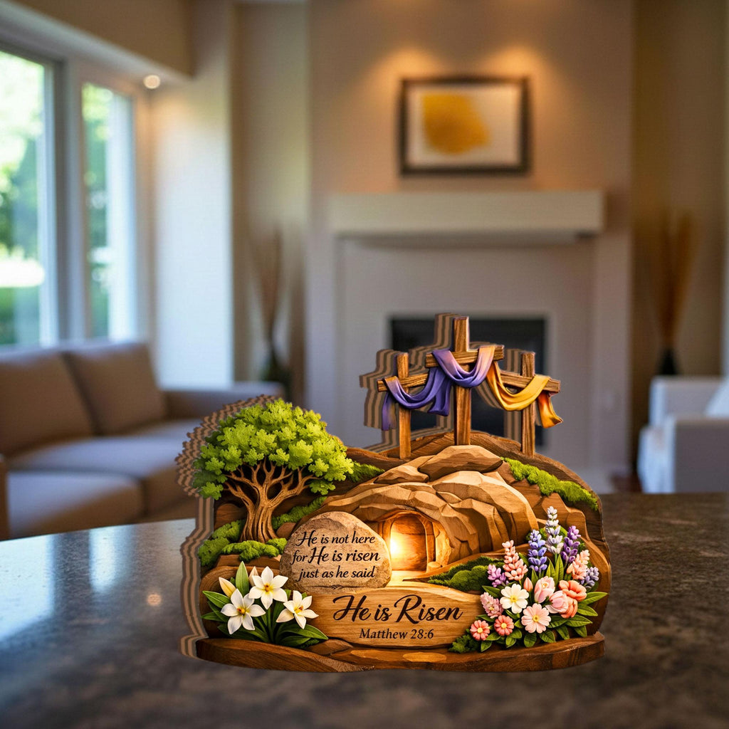 He is Risen Easter Wooden Block Decor, Empty Tomb Religious Tabletop Sign, Christian Resurrection Scene, Matthew 28_6 Scripture Wood Gift