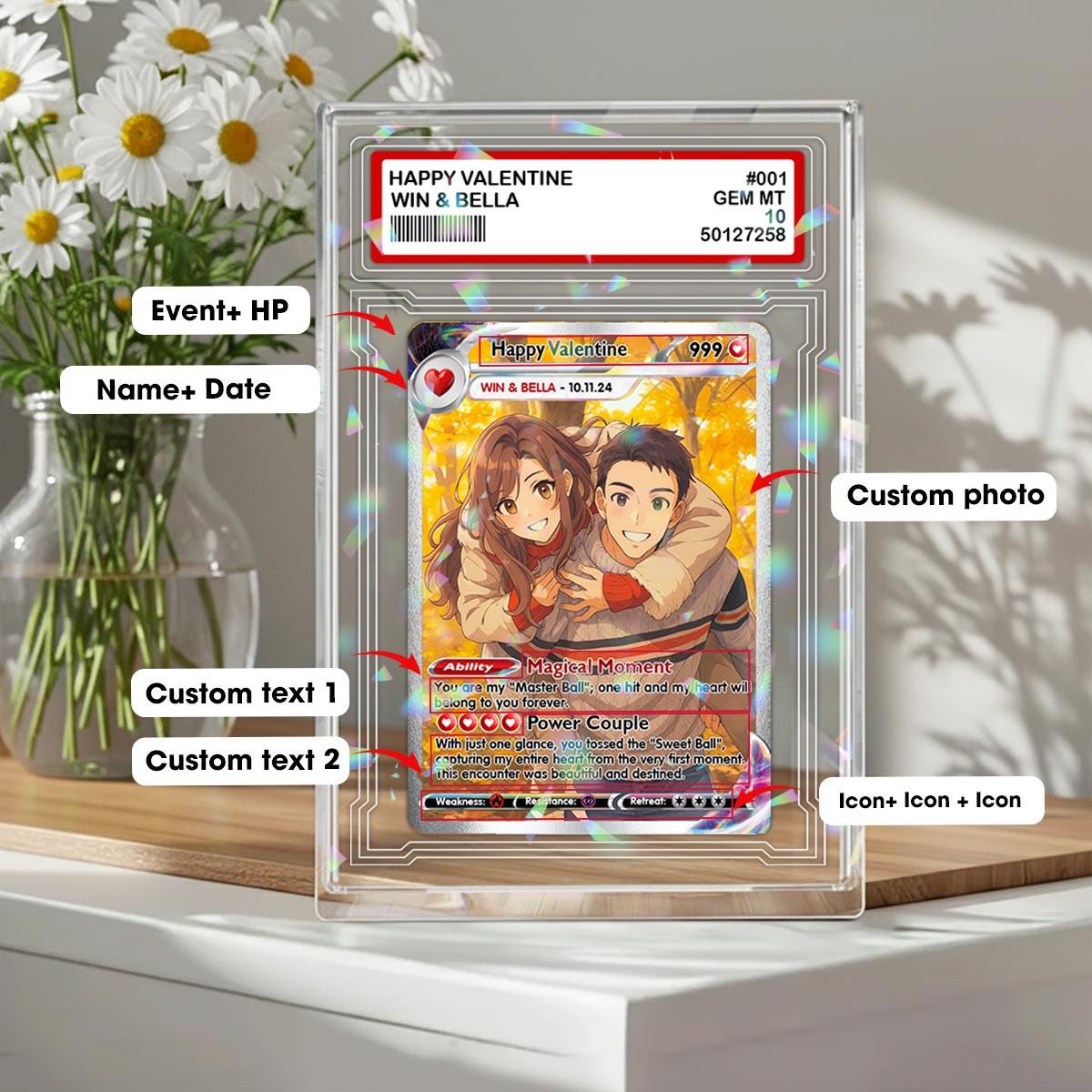 Personalized Poke Love Card Block, Custom Photo Hologram Plaque, Anime Wedding Card, Card for Couple, Valentine's Day Gift