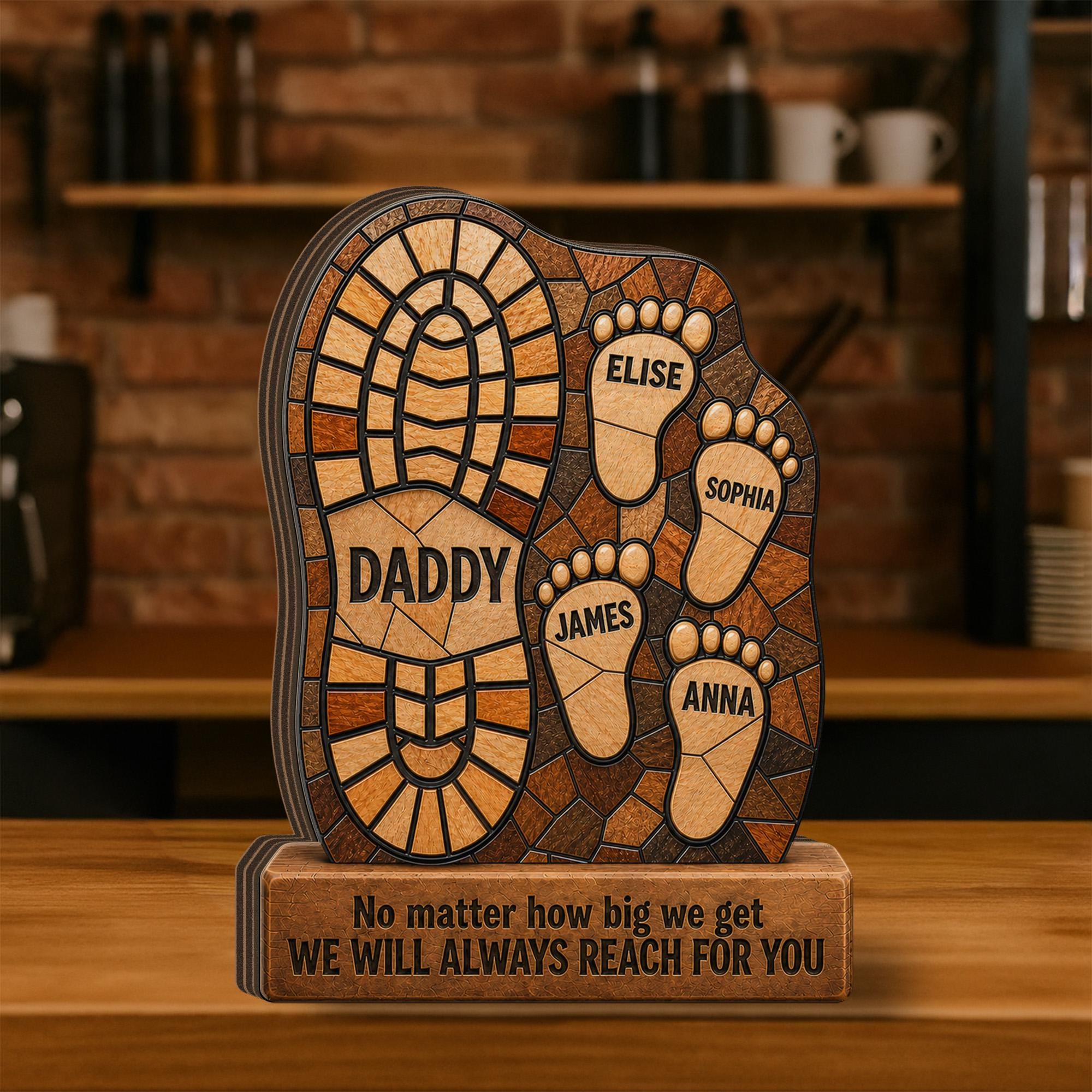 Personalized Dad Footprint Wooden Block Sculpture, Custom Wood Family Namedecor