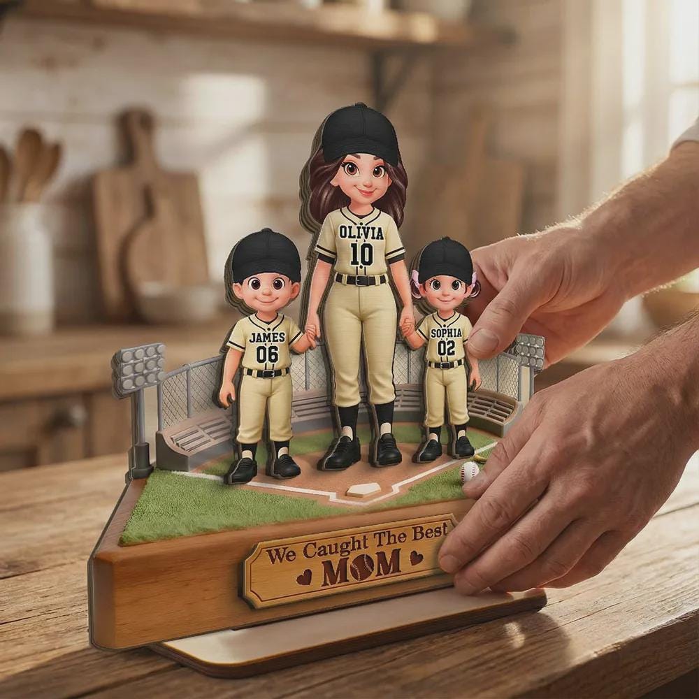 Customized We Caught the Best Mom Wooden Plaque With Flat Base, Decor Gift for Mommy Son Baseball Lover, Birthday Mother's Day Keepsake Gift