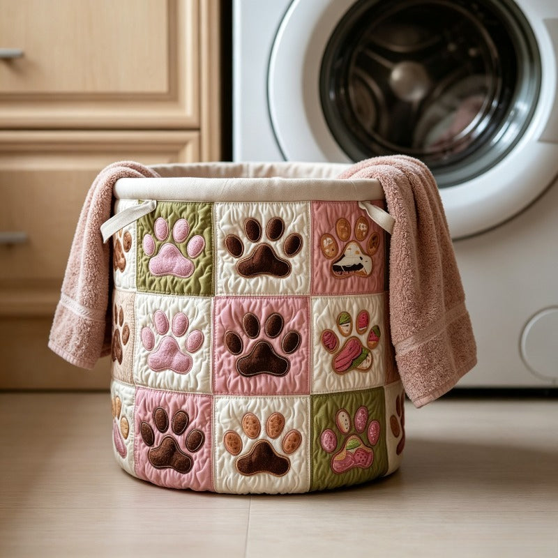 Cat Paw Print Quilted Laundry Basket, Large Foldable Oval Clothes Hamper with Handles, Boho Fabric Storage Bin for Bedroom Bathroom