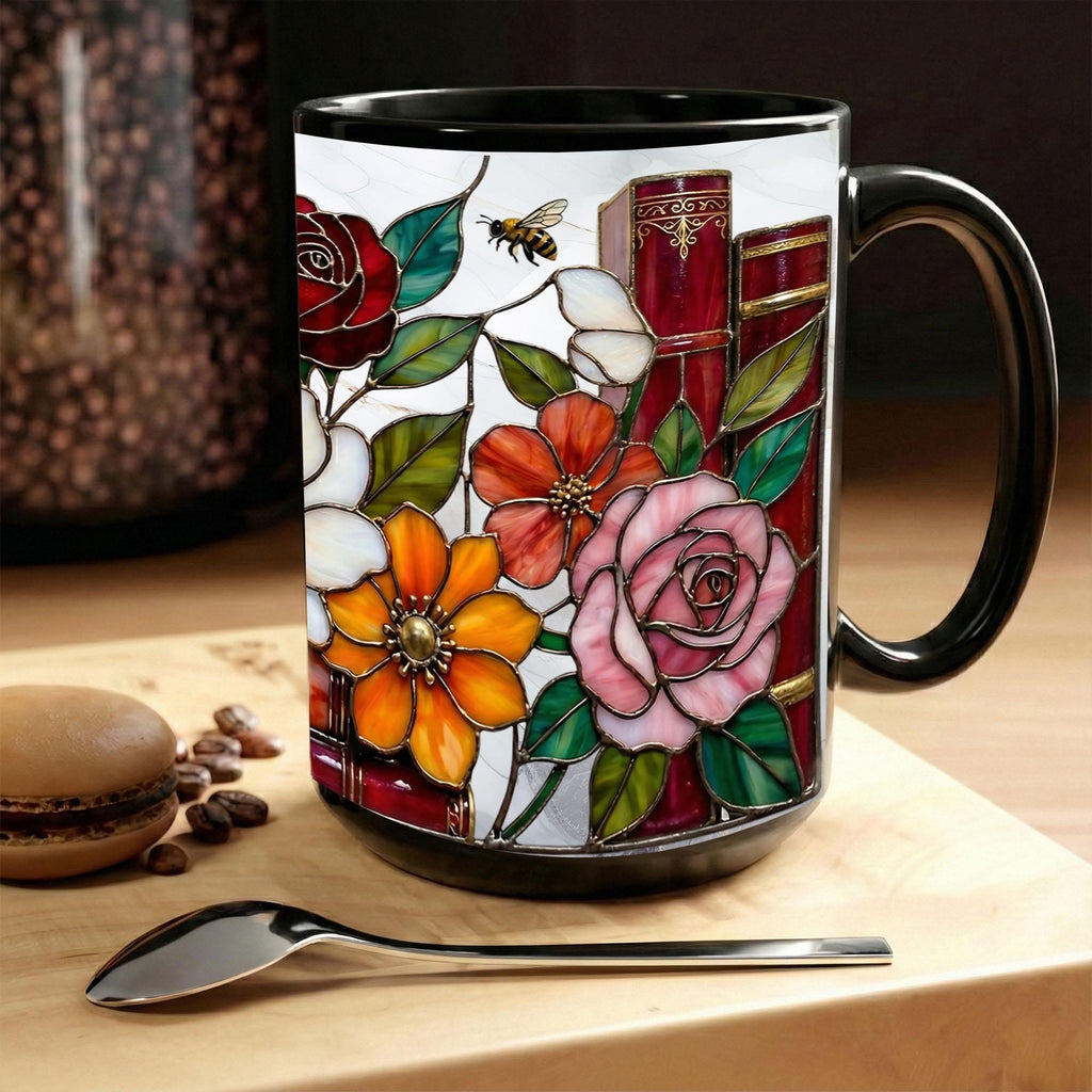Stained Glass Book Lover Mug Floral Cottagecore Bookshelf Design Colorful Reading Bookish Cup 15oz Ceramic, Handle Color Mug