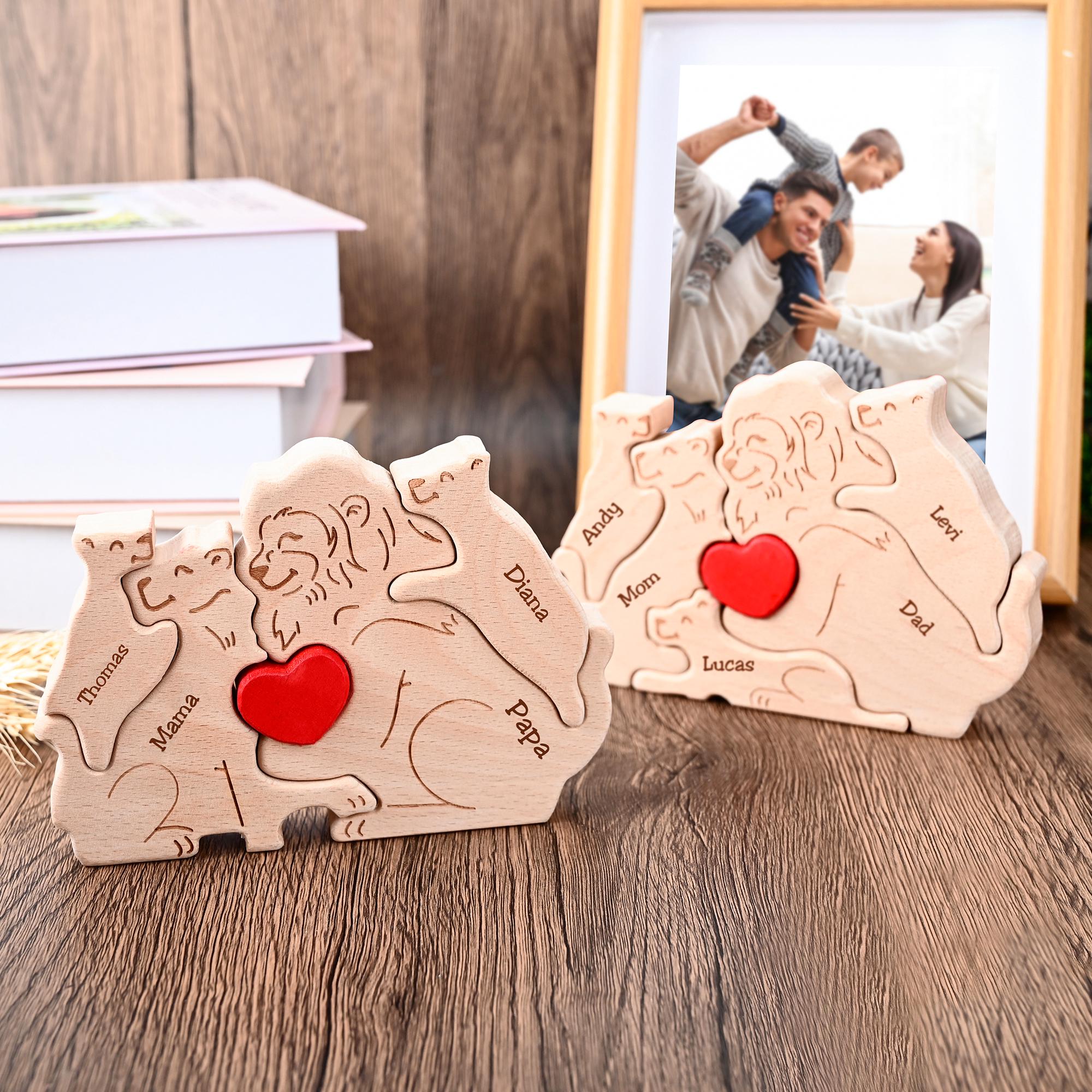 Wooden Lion Family Puzzle, Family Name Engraved Puzzle, Gift for New Parents, Lion Home Decor, Christmas Family Gift for Mom Dad Grandma