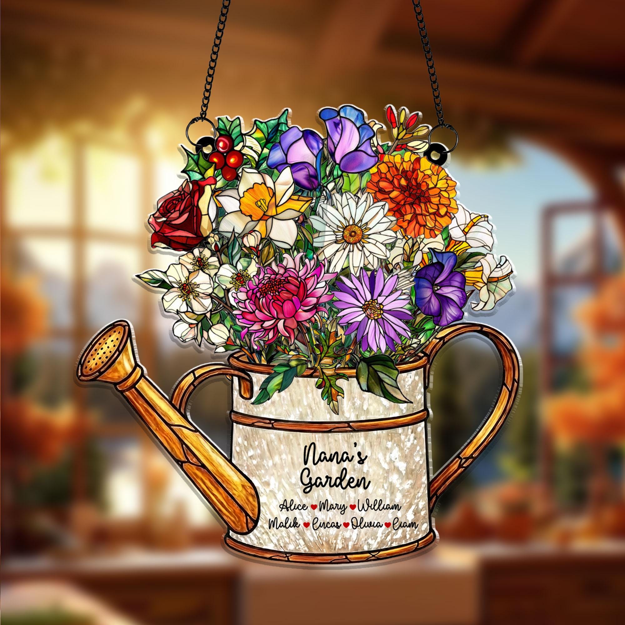 Personalized Grandma’s Garden Acrylic Suncatcher, Watering Can Floral Stained Glass Style, Custom Names Window Hanging Mother’s Day Gift