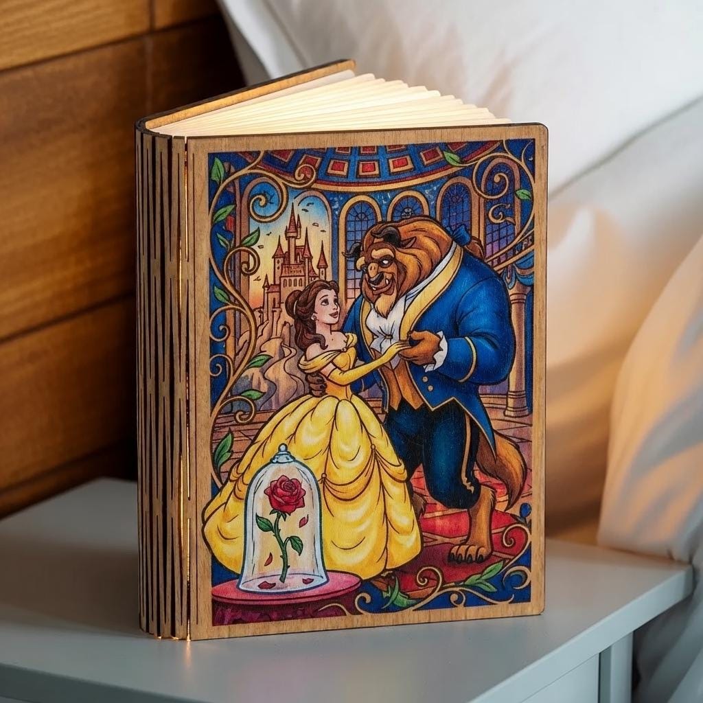 Beauty and the Beast Book Lamp, Disney Couple Wood Folding Book Lamp, Enchanted Belle Princess Reading Lamp, Disney Night Light