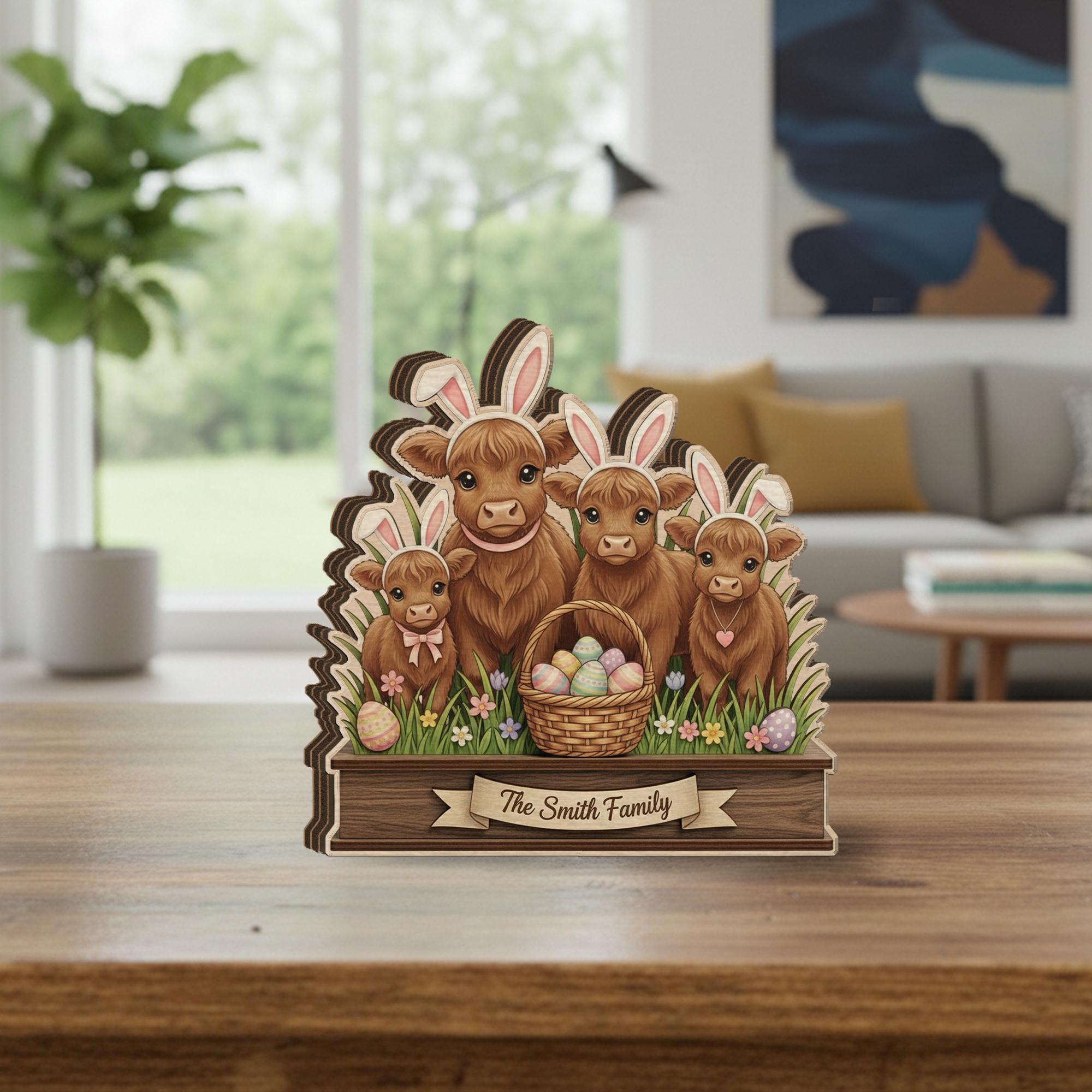 Personalized Wooden Block Easter Highland Cow Decor, Layered Bunny Farmhouse Sign