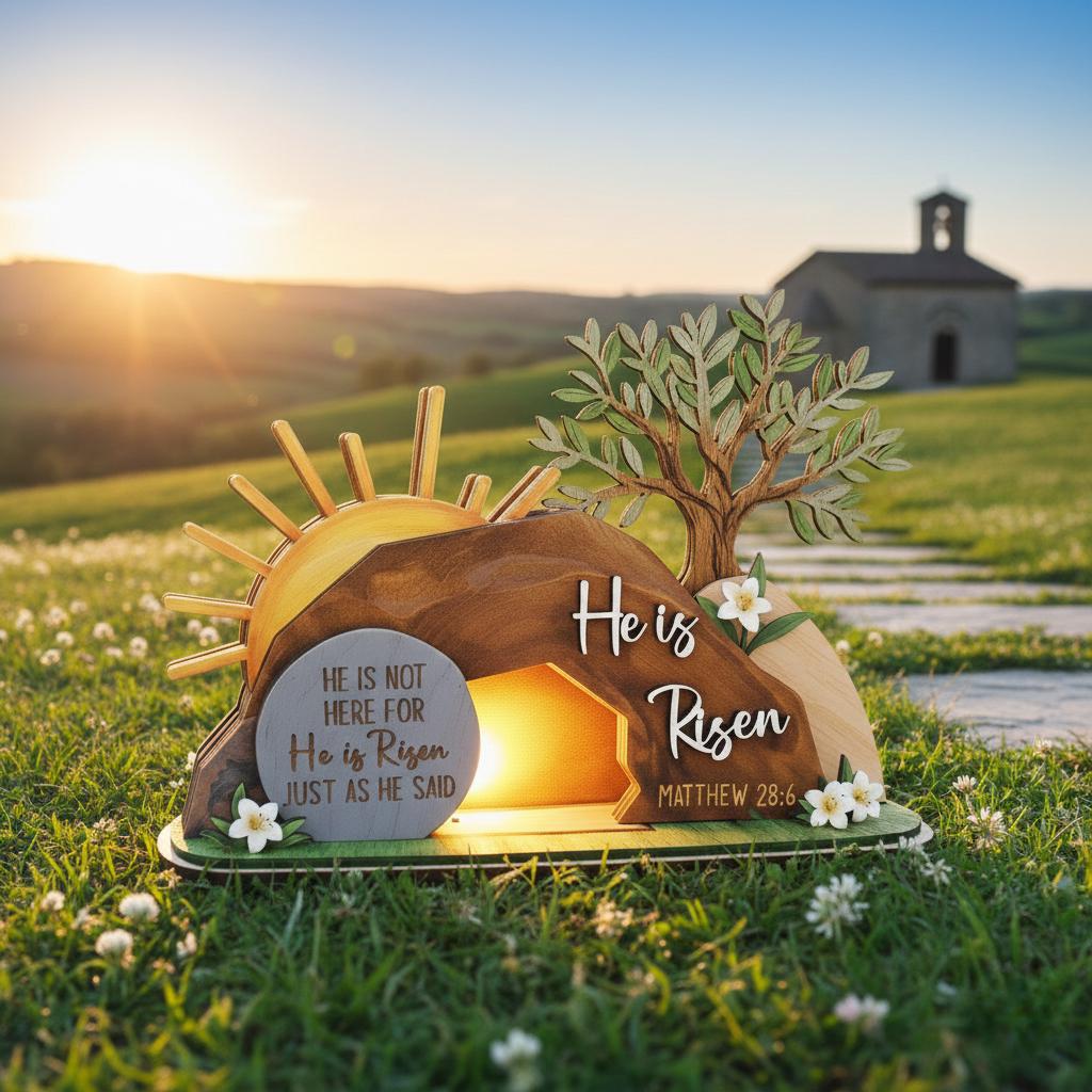 He is Risen Easte Wooden Block, Christian Resurrection Table Sign, Religious Home Decor Gift, Empty Tomb Cross Wood Shelf