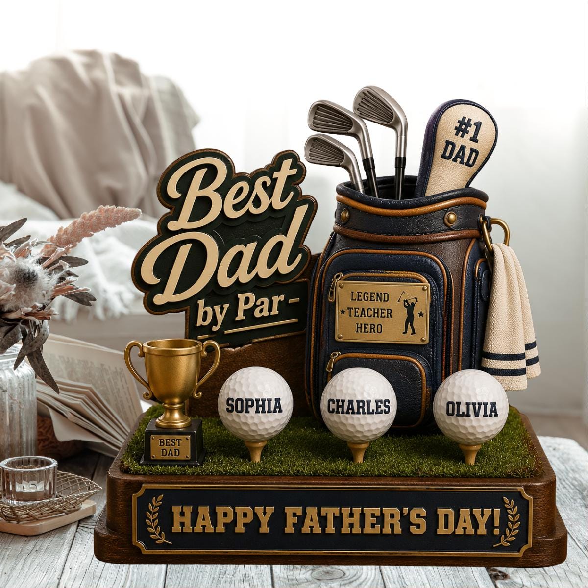 Personalized Best Dad by Par Custom Kid Name Wooden Block Decor Home- Father's Day Gift for Golf Dad, Husband From Son Daughter