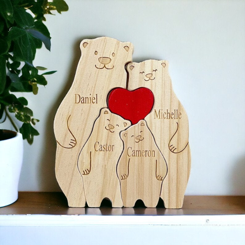 Personalised Wooden Bear Family Puzzle _ Custom Engraved Figurines _ Woodland Family Keepsake Gift for Mum, Dad & Kids, Rustic Home Decor