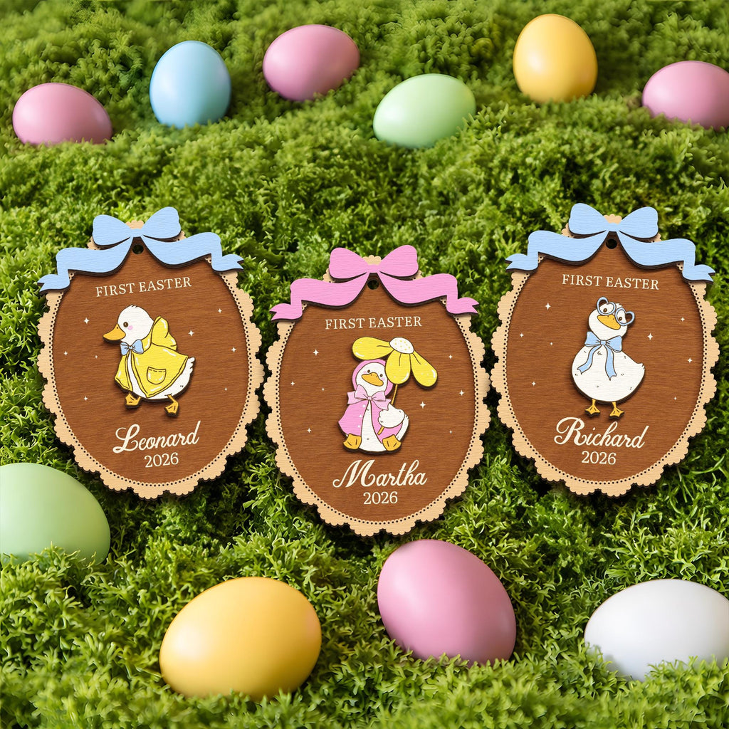 Personalized First Easter Basket Tag – Custom Duck Wooden Name Tag for Baby