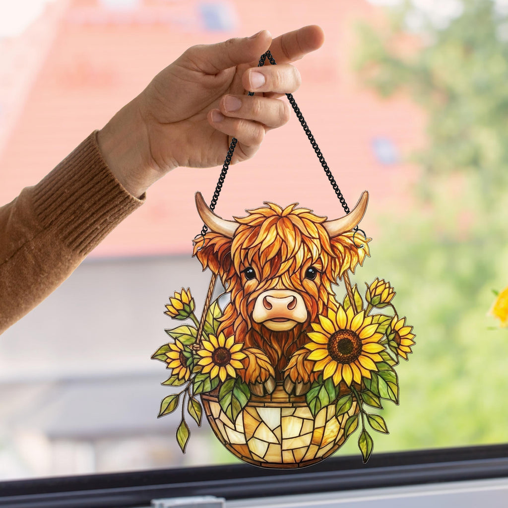 Sunflower Highland Cow Suncatcher, Whimsical Window Decor, Farm Animal Window Hanging, Country Farmhouse Decor, Cow Lover Gift, Baby Gift