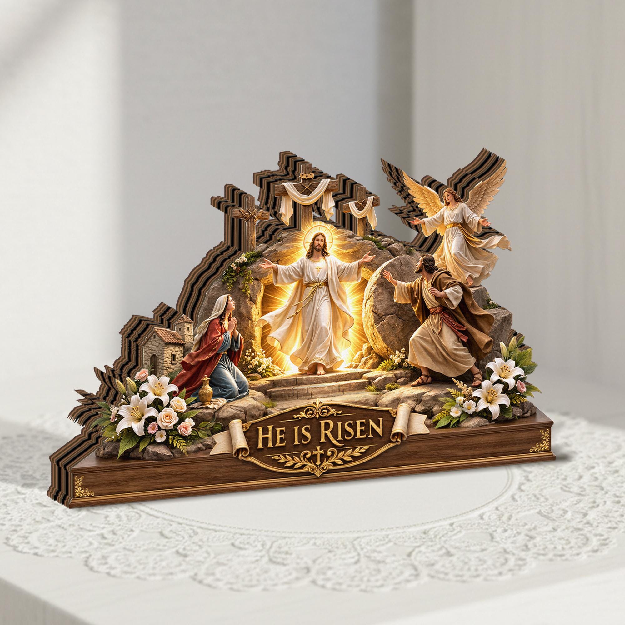 He is Risen Easter Wooden Decor, Jesus Resurrection Scene Tabletop Display, Christian Easter Sign, Religious Easter Gift