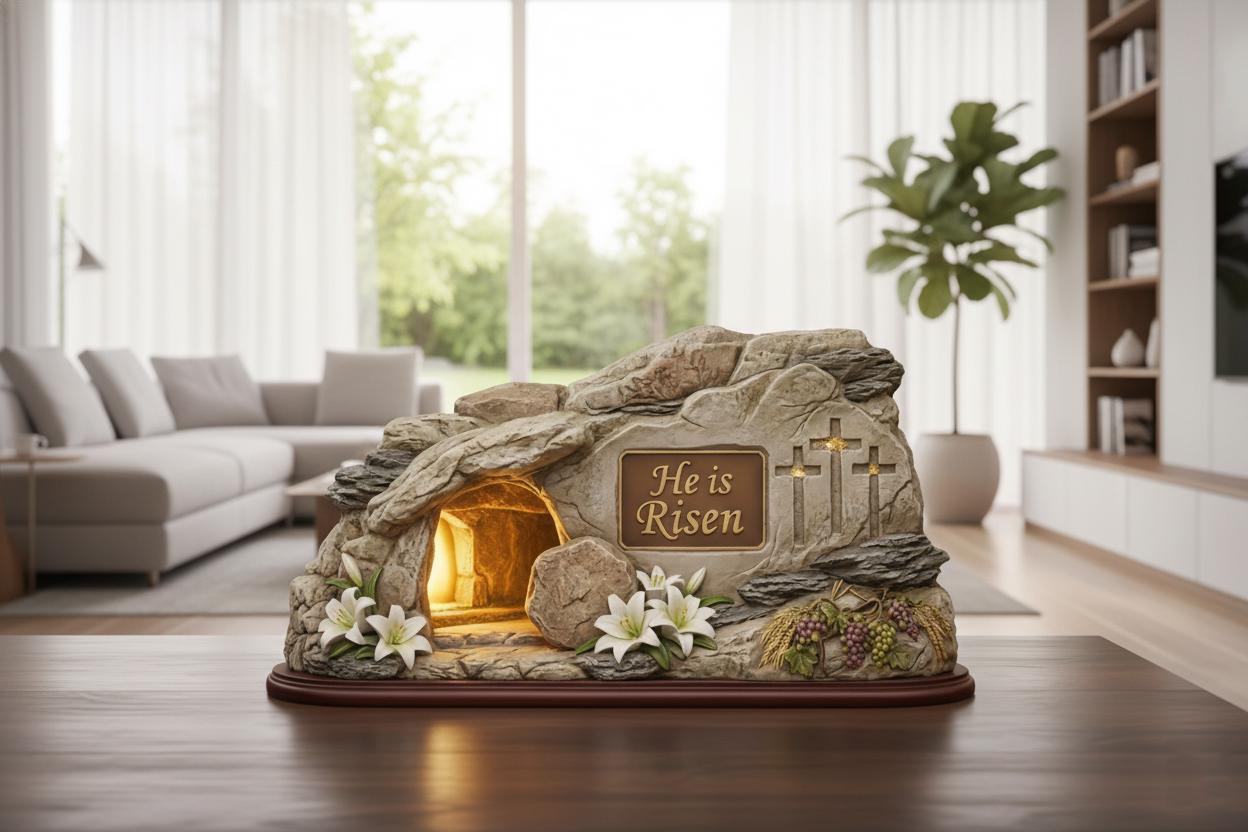 He is Risen Resurrection Tomb Statue - Elegant Christian Easter Home Decor - Lighted Religious Shelf Decor - Easter Celebration Gift