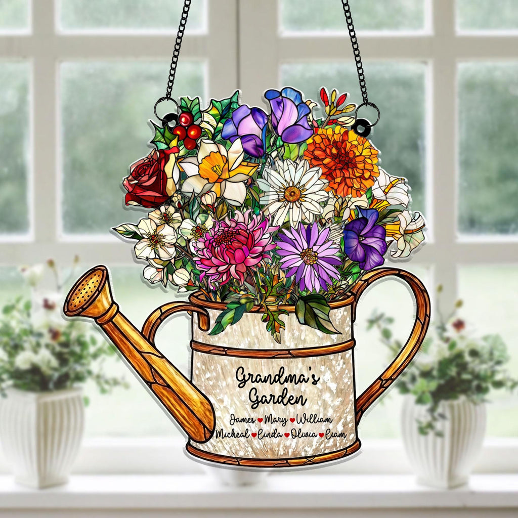 Personalized Grandma’s Garden Acrylic Suncatcher, Watering Can Floral Stained Glass Style, Custom Names Window Hanging Mother’s Day Gift