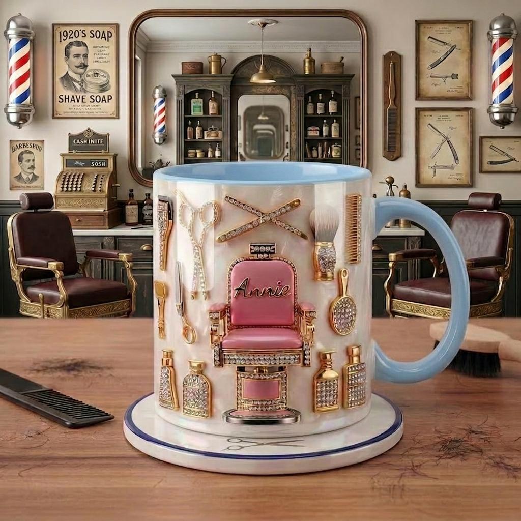 Custom Name Hairstylist Mug, Faux 3D Barber Chair Accent Drinkware, Personalized Salon Coffee Cup, Hairdresser Gift