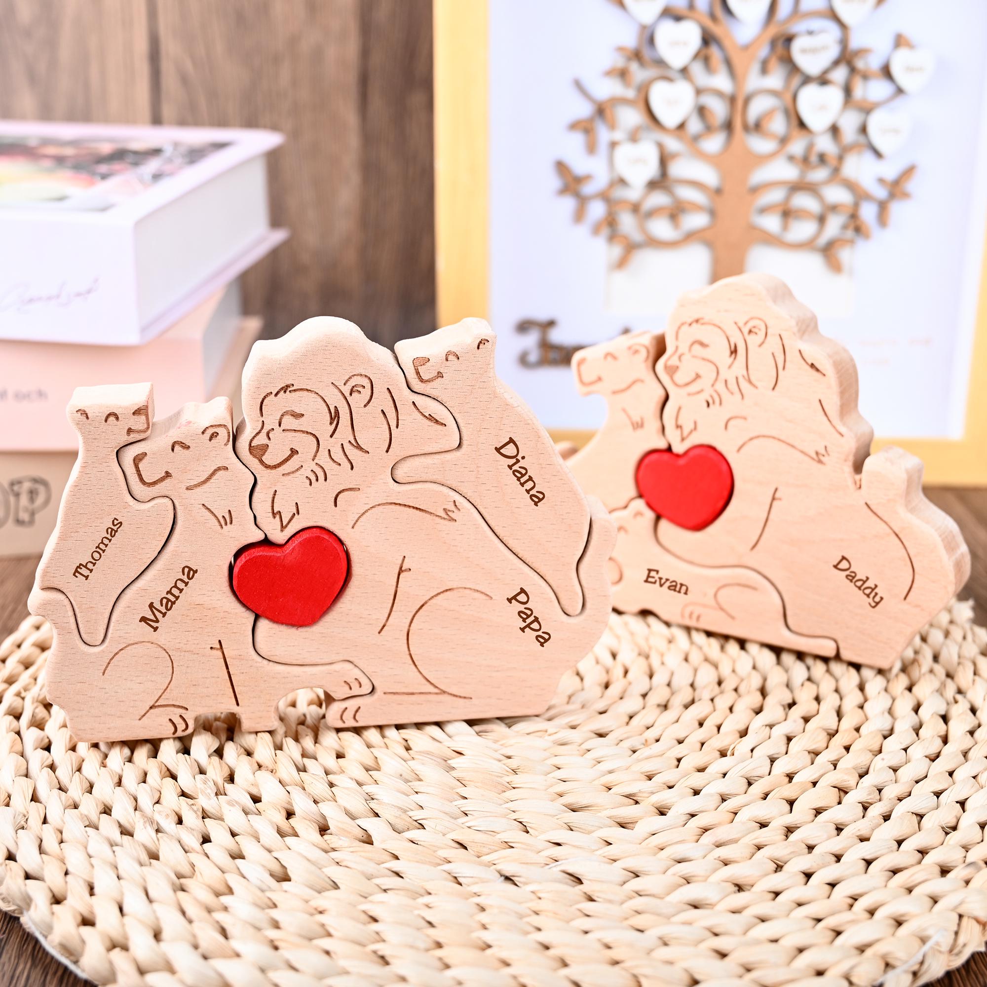 Wooden Lion Family Puzzle, Family Name Engraved Puzzle, Gift for New Parents, Lion Home Decor, Christmas Family Gift for Mom Dad Grandma