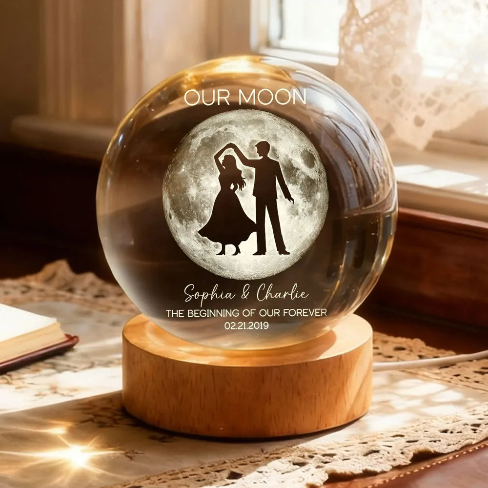 Couple Dancing in the Moonlight, Custom Moon Phase by Date, Personalized Crystal Ball LED Night Light, Valentine's Day Gift For Couple