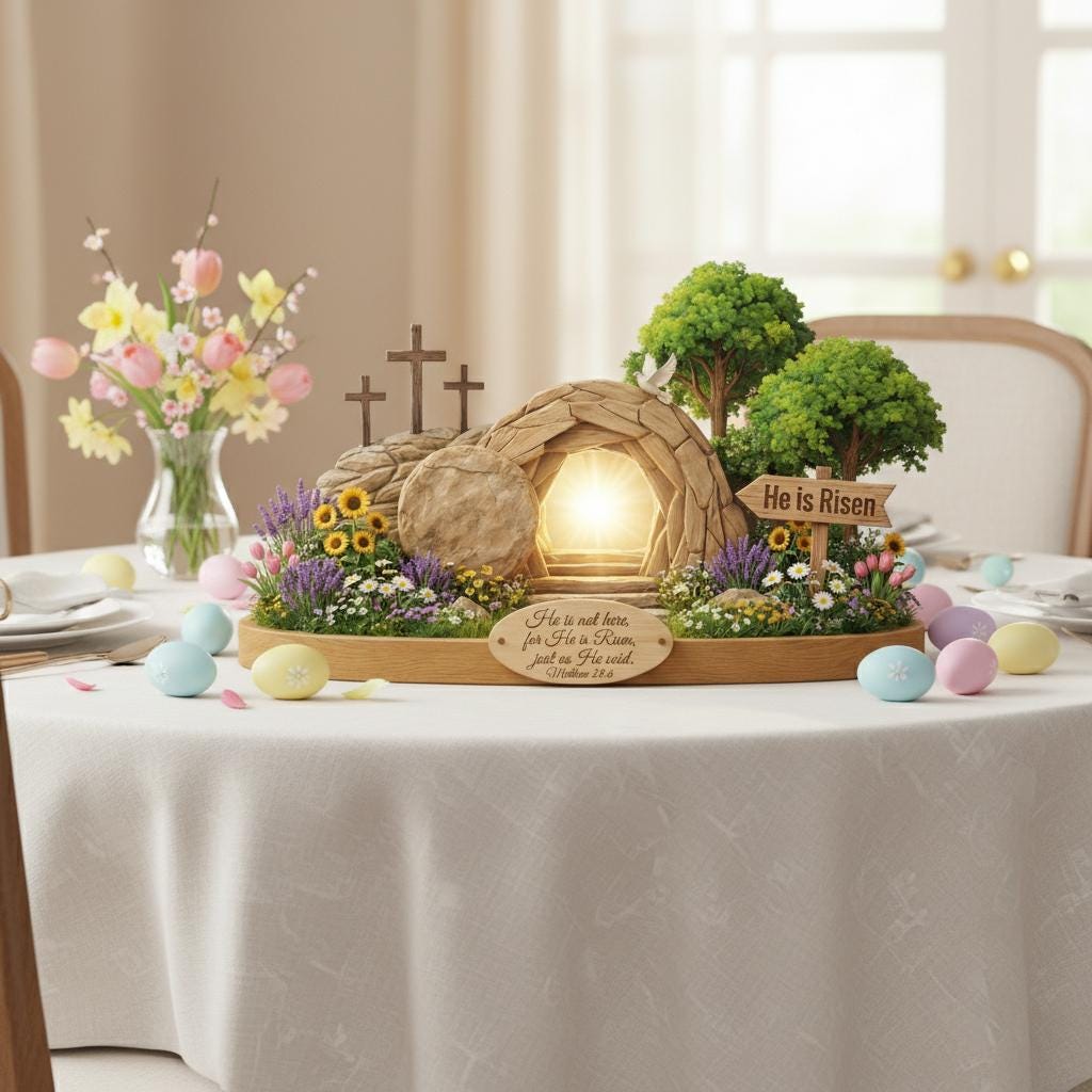 Flat He is Risen Wooden Block Easter Scene, Empty Tomb Decor With Scripture, Christian Resurrection Table Display