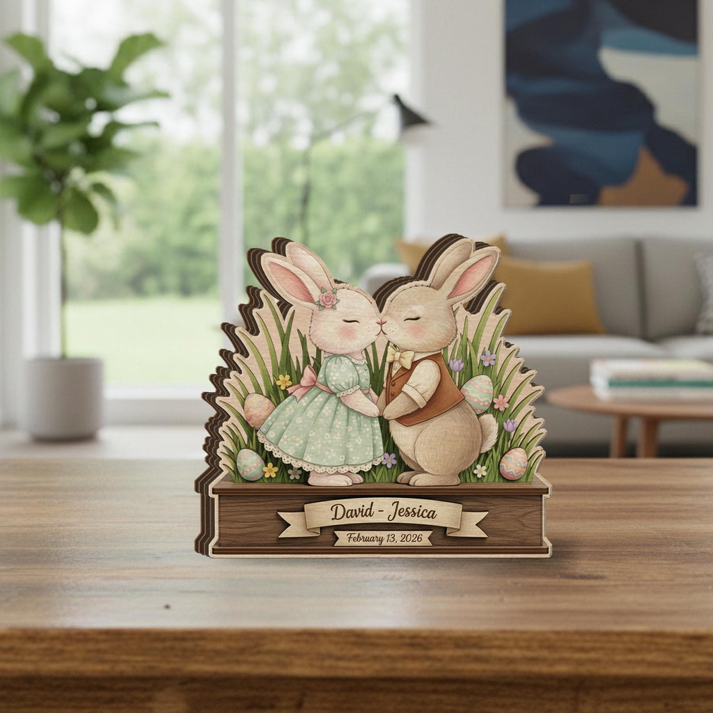 Personalized Wooden Block Easter Bunny Couple Decor, Layered Spring Rabbit Shelf Sign