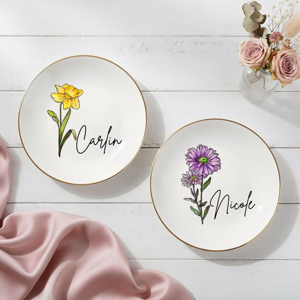 Personalised Birth Flower Trinket Dish, Custom Watercolor Flower Ring Dish, Birthday Jewelry Dish, Wedding Bridesmaid Gift,friendhship Gifts