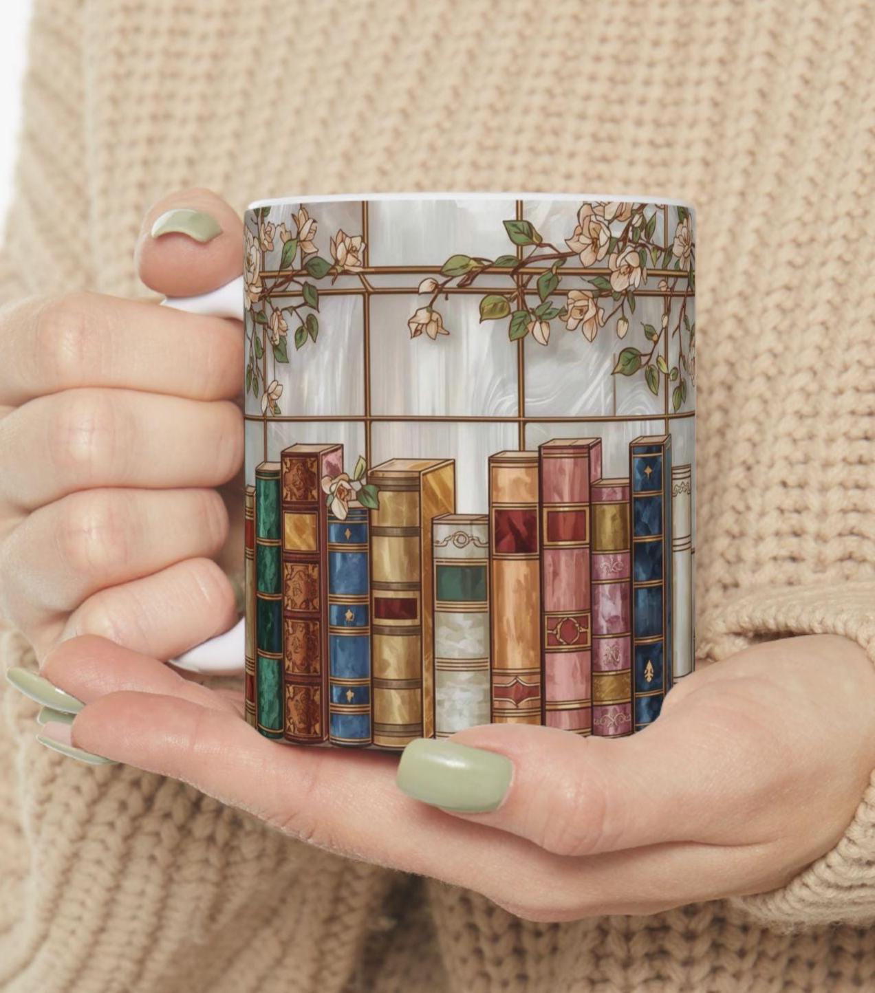 Bookish Bookshelf Mug – Library Aesthetic Coffee Cup Gift for Readers & Book Lovers – Cozy Literary Ceramic Mug – Reader Gift, Bookworm Gift