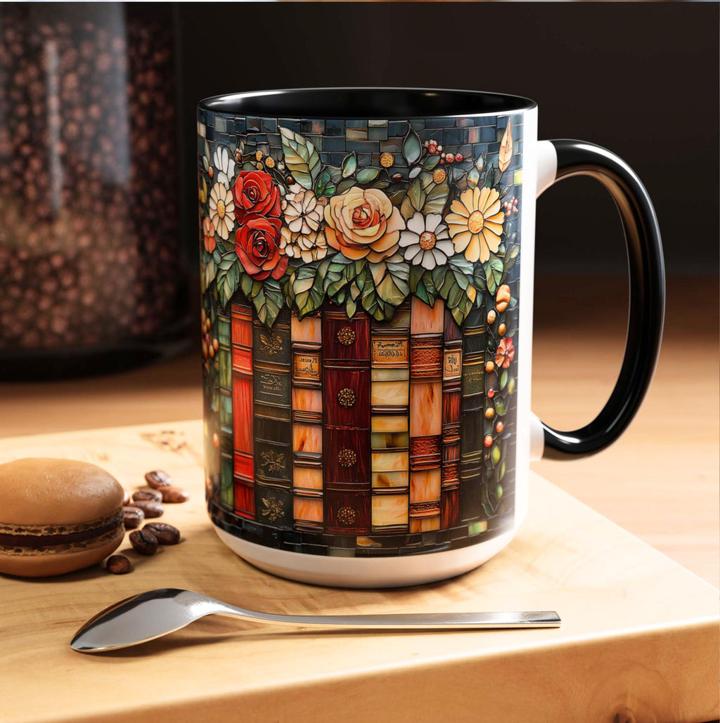 Floral Bookshelf Mug_ Faux Stained Glass Ceramic Coffee Cup Bookish Literature and Kitchen Booklover