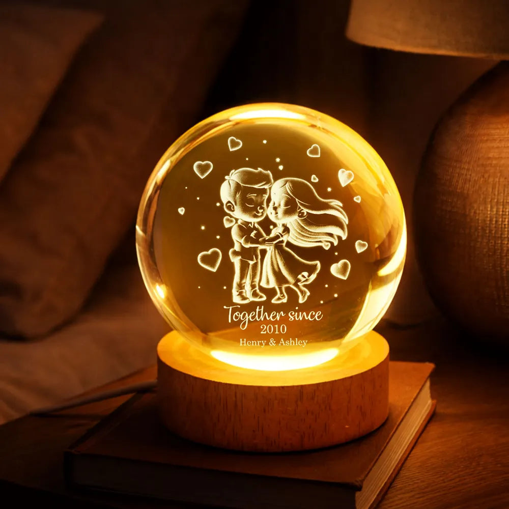 Loving Chibi Couple - Personalized Crystal Ball LED Night Light , Valentines Day Wedding Anniversary Gift For Couple
