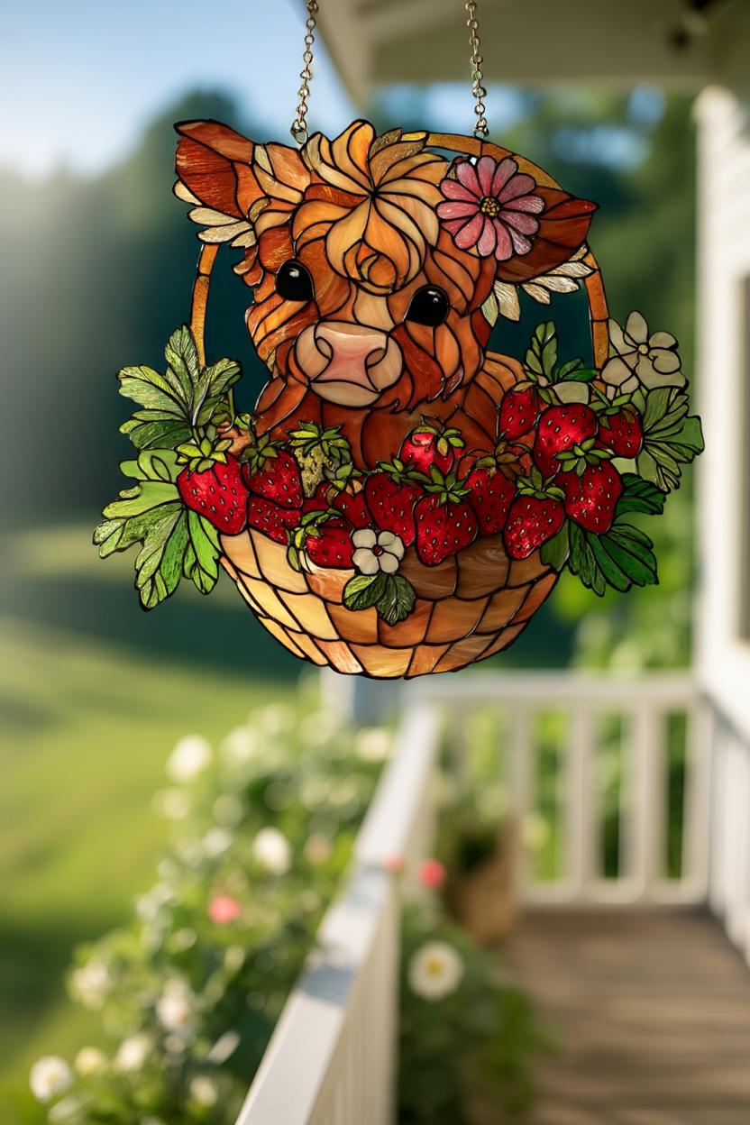 Highland Cow Strawberry Suncatcher Stained Style Farm Animal Floral Window Hanging Decor Gift for Kitchen