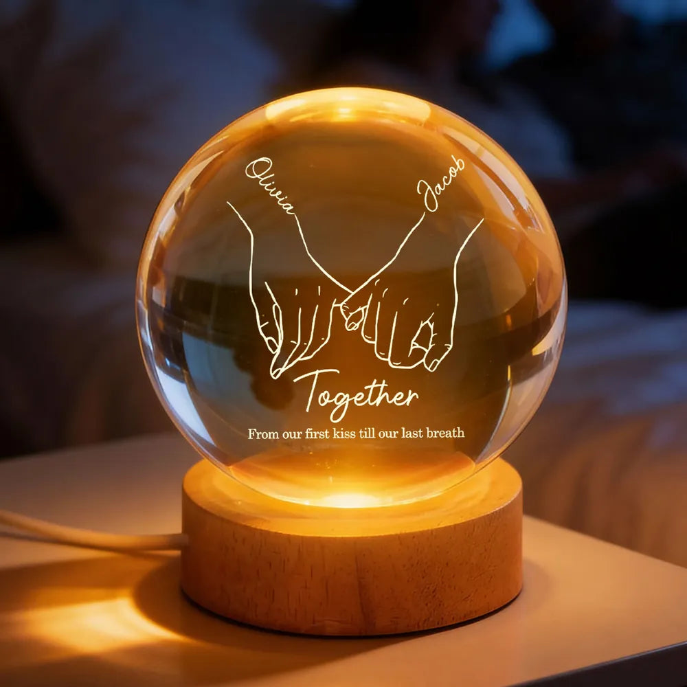 Couple Interlocked Hands - Personalized Crystal Ball LED Night Light, Valentines Day Wedding Anniversary Gift For Couple