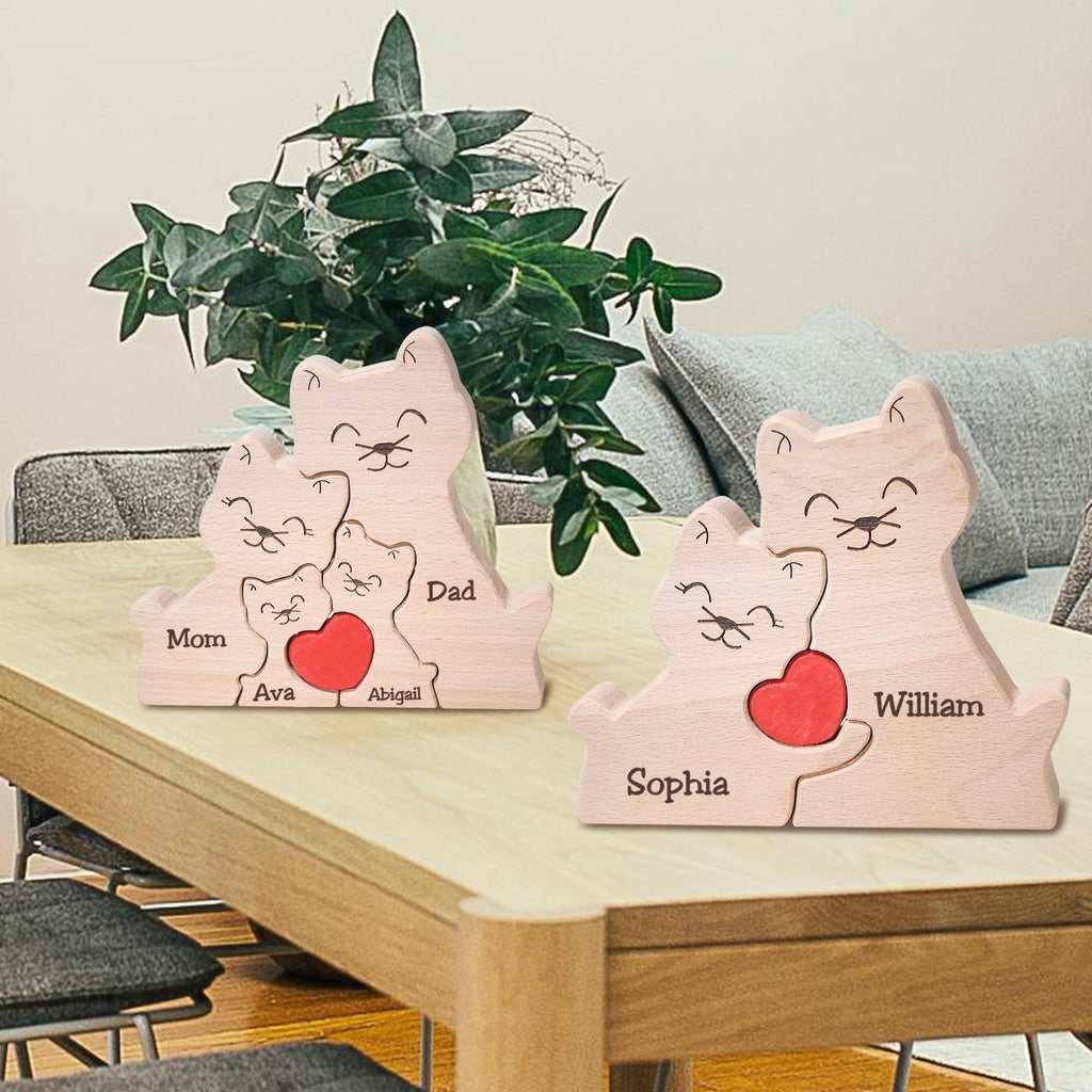 Custom Wooden Cat Family Puzzle, Happy Family of 3 Home Decor, Engraved Cat Family Keepsake, Cat Lover Gifts, Cat Mum Gifts, Christmas Gifts