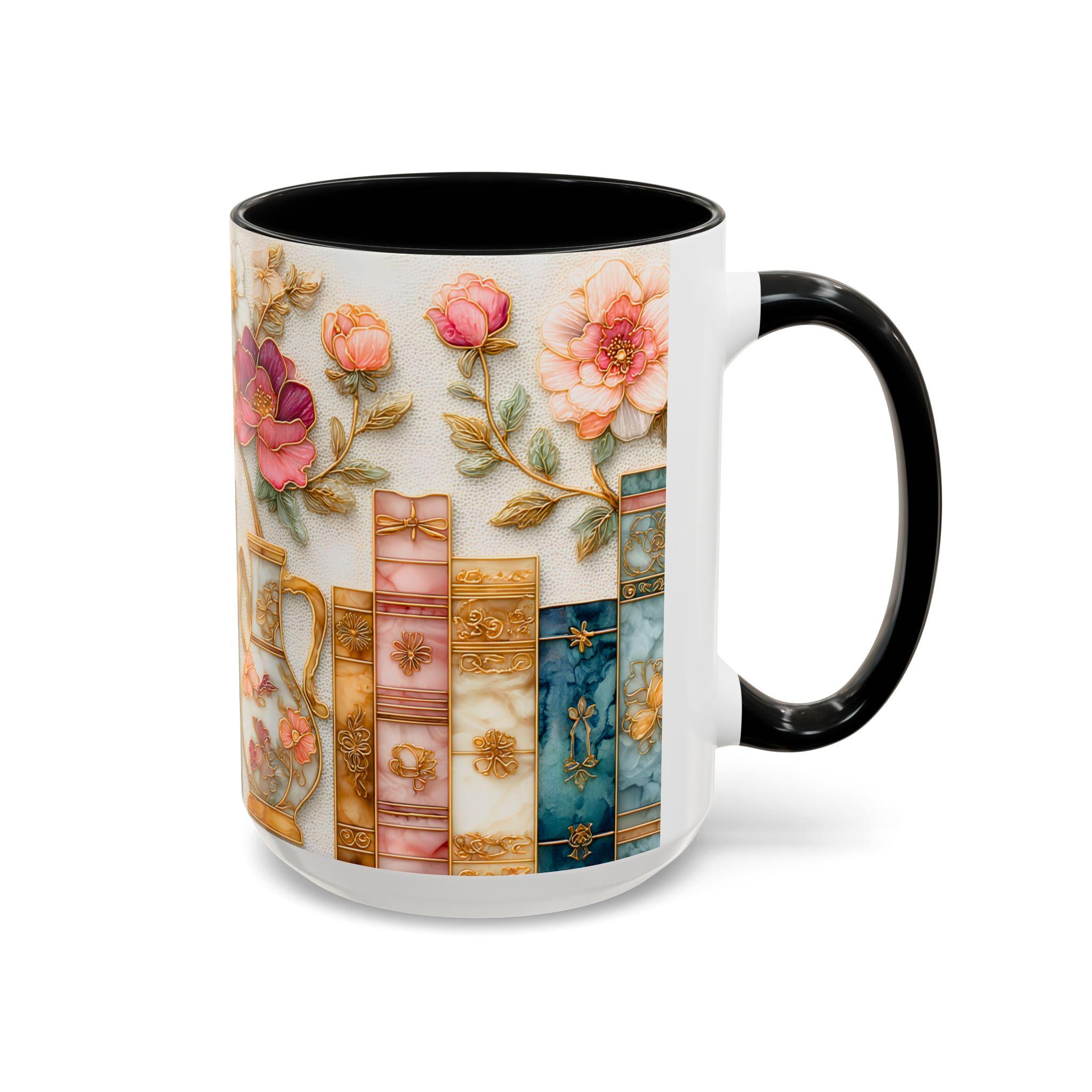Book Lover Floral Bookshelf Coffee Mug, Stained Glass Style, Bookish Mom Gift