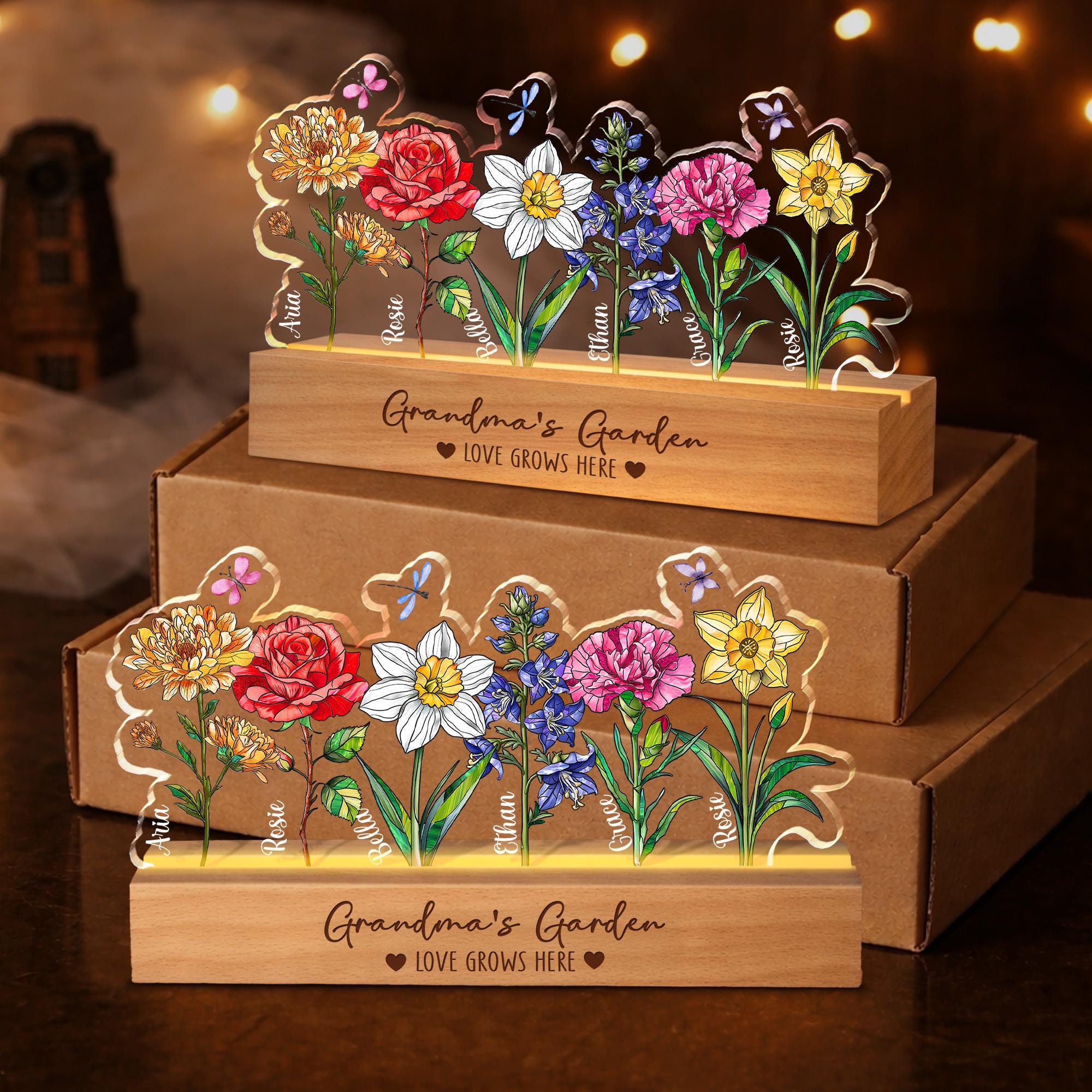 Custom Grandma's Garden Night Light_ Personalized Birth Month Flowers Gift for Grandma, Mothers Day Gift From Grandkids, Mom Birthday Gifts