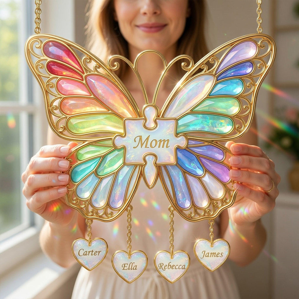 Personalized Rainbow Butterfly Mom Acrylic Suncatcher, Custom Name Mommy and Kids Hanging Suncatcher, Mother Day Window Decor, Gift for Mom
