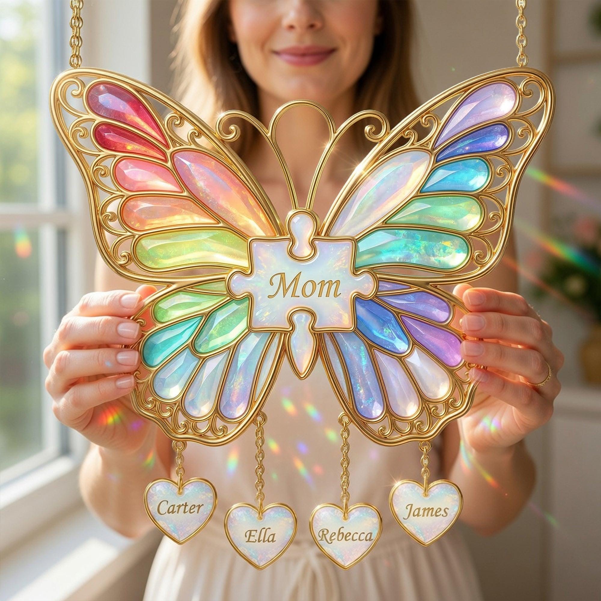 Personalized Rainbow Butterfly Mom Acrylic Suncatcher, Custom Name Mommy and Kids Hanging Suncatcher, Mother Day Window Decor, Gift for Mom