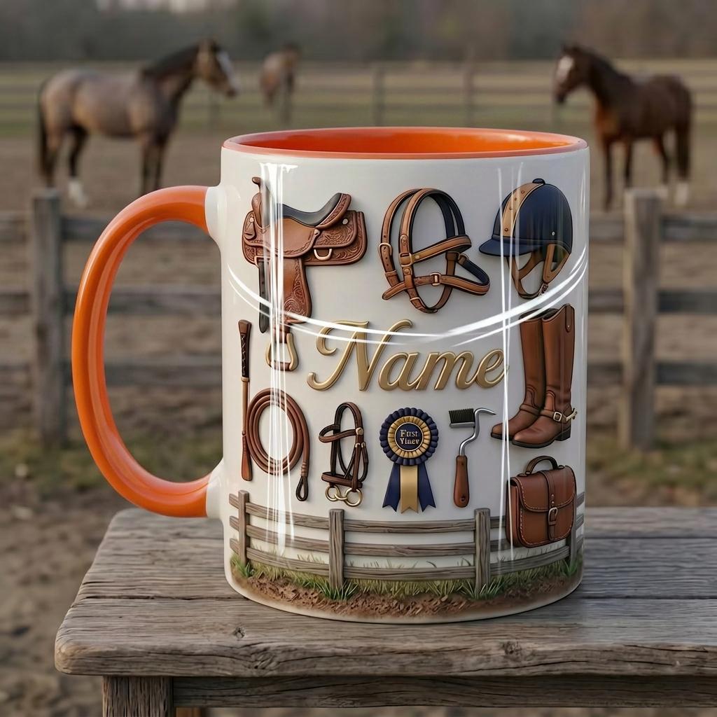 Personalized Horseback Riding Mug, Custom Rider Name Coffee Cup, Faux 3D Effect Equestrian Gift, 11oz or 15oz