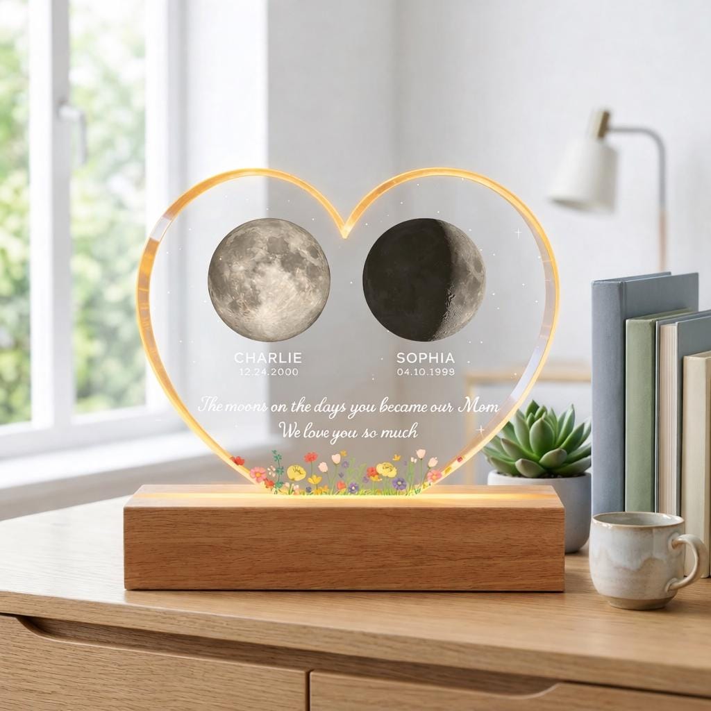 The Days You Became Our Mom, Custom Moon Phase by Date - Personalized Acrylic LED Night Light in heart shape - Heartfelt Mother's Day Gift for Mom