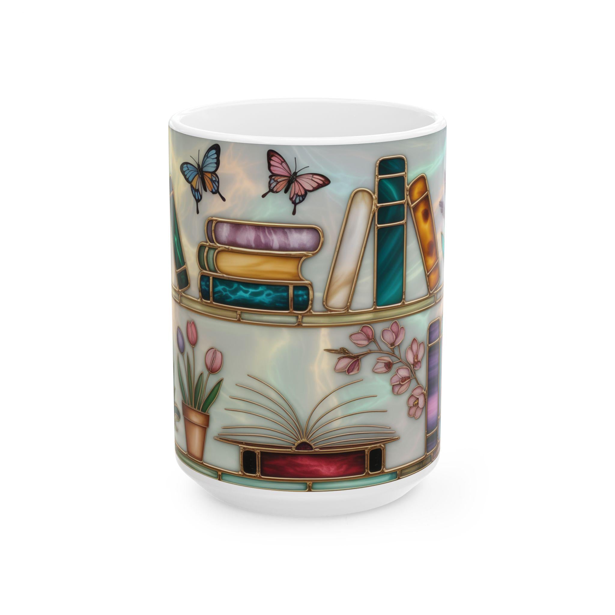 Book Lover Gift Stained Glass Design Bookshelf Mug Floral Butterfly Cottagecore Reading Mug Bookish Aesthetic Coffee Cup