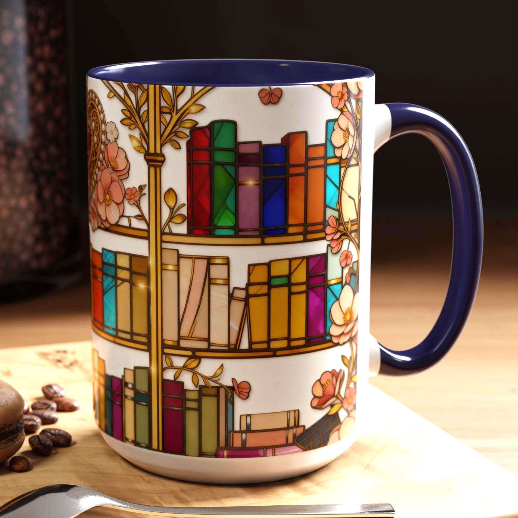 Stained Glass Bookshelf Mug, Romantic Floral Book Lover Coffee Cup, Luxury Reader Gift