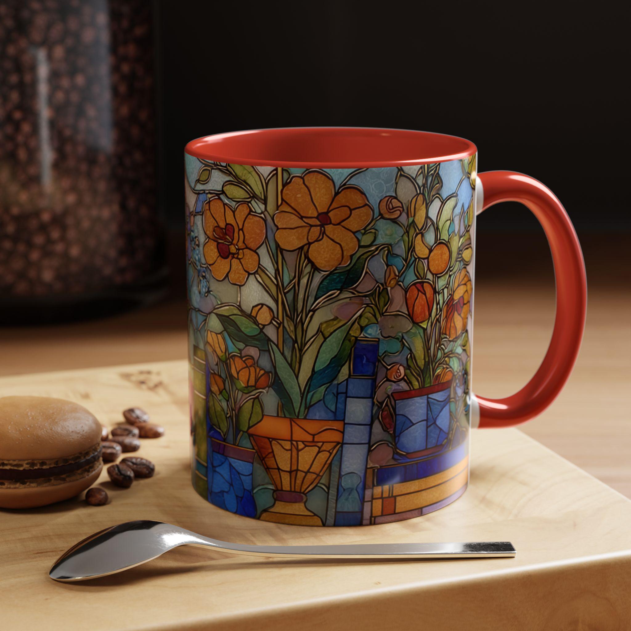 Stained Glass Floral Bookshelf Mug _ Colorful Ceramic Coffee Cup With Flowers, Modern Ceramic Mug – Elevate Your Coffee Time