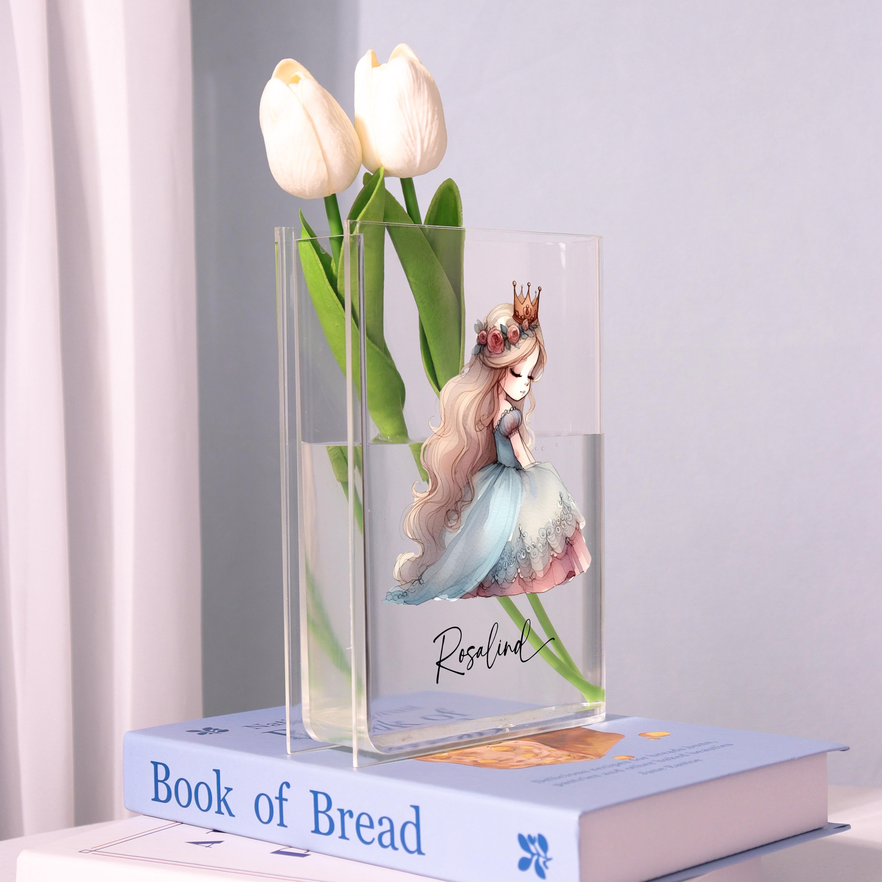 Cartoon Princess Acrylic Book Vase, Fairytale Girl Bookish Vase, Hand-painted Book Shaped Vase, Aesthetic Decor, Custom Gift for Girl's Room