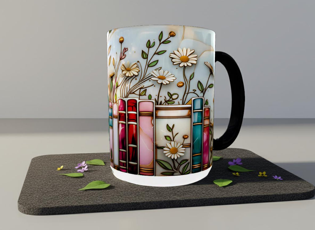 Stained Glass Floral Bookshelf Mug 15oz _ Book Lover Mug, Bookish Library Cup, Ceramic Coffee Cup, Aesthetic Library Decor for Her